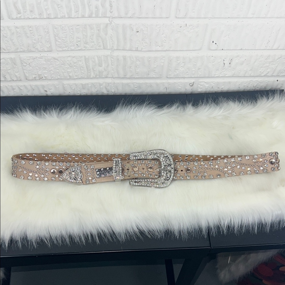BHW Beige Rhinestone Western Belt with Decorative Silver Buckle Size XL